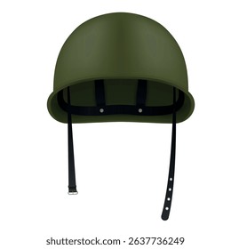 Illustration of a military helmet on a plain white background showing its practical structure and shape with straps to secure it on the head
