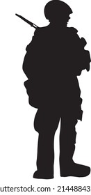 Illustration Of Military Man Silhouette Soldier In Helmet Standing Pose With Shotgun