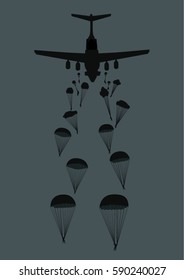 Illustration of a military plane and paratroopers.