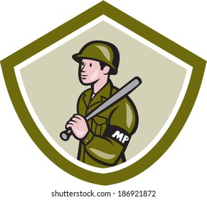 Illustration of a military police officer with night stick baton facing side set inside shield crest on isolated background done in cartoon style.