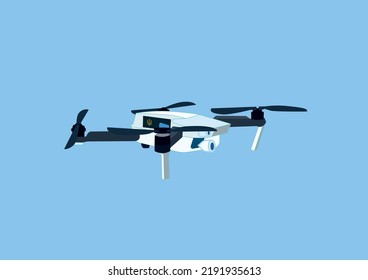 illustration of military quadcopter with ukrainian trident symbol and video camera on blue background