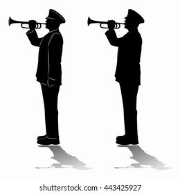 illustration of military trumpeters. black and white drawing, white background