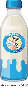 Illustration of a milk bottle featuring a playful cow label, vibrant colors, and a clean, modern design
