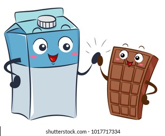 Illustration of a Milk Box Mascot High Five with a Chocolate Bar Mascot