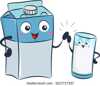 Illustration of a Milk Box Mascot High Five with a Glass Mascot Full of Milk