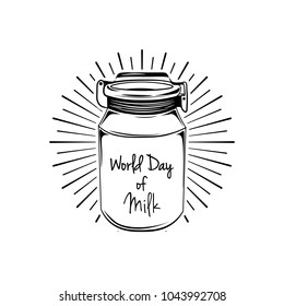 Illustration of milk can in beams. World day of milk lettering. Vector illustration isolated on white background.