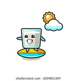 Illustration of milk cartoon do surfing on the beach , cute style design for t shirt, sticker, logo element