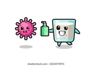 illustration of milk character chasing evil virus with hand sanitizer , cute style design for t shirt, sticker, logo element