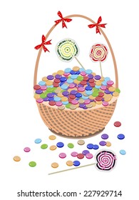 Illustration of of Milk Chocolate and Colorful Lollipops on A Beautiful Wicker Gift Basket. 