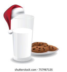 Illustration of milk and cookies and Santa Claus hat. EPS 10 vector.