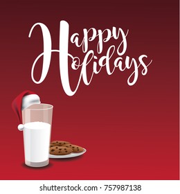 Illustration of milk and cookies and Santa Claus hat. EPS 10 vector.