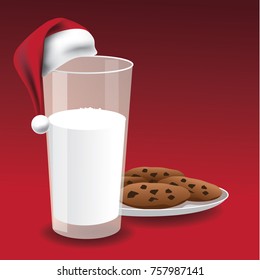 Illustration of milk and cookies and Santa Claus hat. EPS 10 vector.