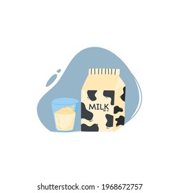 
Illustration of milk on a glass and packaging box