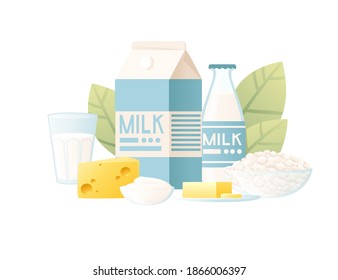 Illustration with milk package creative design plastic and cardboard package with green leaves flat vector illustration