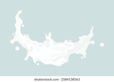 Illustration of a milk splash on a light blue background. Milk splash in motion, white liquid creating dynamic shapes. Milk splash art, fluid and energetic. Aesthetic vector illustration.