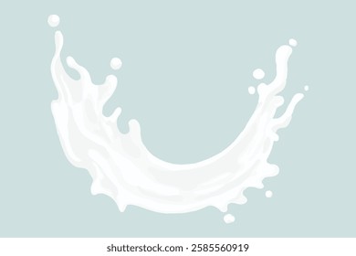 Illustration of a milk splash on a light blue background. The milk splash creates a dynamic, fluid shape. Milk splash art, fluid motion, white on blue. Aesthetic vector illustration.