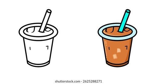 Illustration of Milk Tea Ice Drinks in Plastic Cups with two different variations, suitable as, icons, logos, stickers and for coloring book materials.