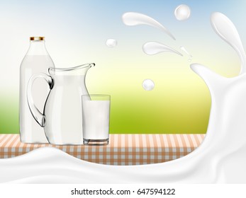 illustration of milk in transparent glass, bottle and jug standing on checkered napkin with big splash high quality realistic vector
