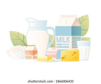 Illustration with milk and yogurt package creative design plastic and cardboard package with green leaves flat vector illustration
