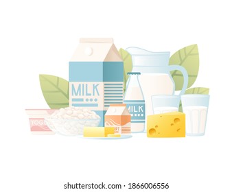 Illustration with milk and yogurt package creative design plastic and cardboard package with green leaves flat vector illustration