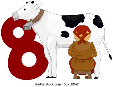 Illustration of a Milkmaid Milking a Cow Beside a Number Eight