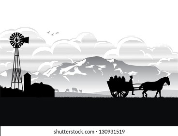 Illustration of a milkman delivering milk on a bullock cart with horse at dawn, vector