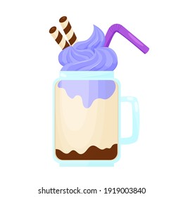 illustration of milkshake with blueberry blue cream and candy cane with chocolate stick.in a mug with a handle.cocktail with a purple tube.for design,postcards,menus for restaurants,cafe.cartoon style
