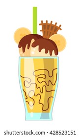 Illustration of milkshake, smoothie with milk, sugar, ice cream, banana, chocolate. Vector illustration for cards, magazine, bar, cafe and restaurant menu.