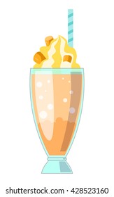 Illustration of milkshake, smoothie with milk, sugar, ice cream, vanilla, marshmallows. Vector illustration for cards, magazine, bar, cafe and restaurant menu.