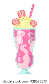 Illustration of milkshake, smoothie with milk, sugar, ice cream, strawberries. Vector illustration for cards, magazine, bar, cafe and restaurant menu.