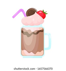 Illustration of a milkshake with strawberry cream with chocolate chip cookies and strawberries in a mug with a handle. For design, postcards, menus for restaurants, cafes. cartoon style