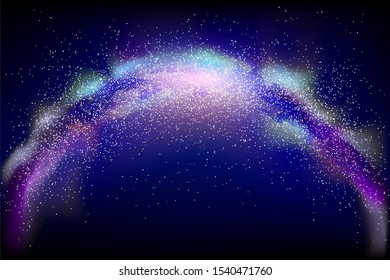 Illustration of the Milky Way on a black sky. Colorful Spiral Galaxy with stars in vector. Milky spherical road in night starry space. A system of astronomical clusters and objects in the universe.