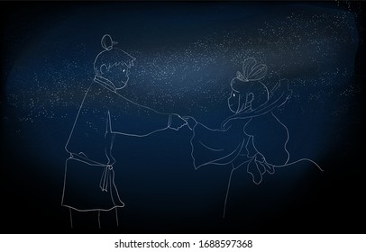 Illustration of Milky Way and Orihime and Hikoboshi of Tanabata