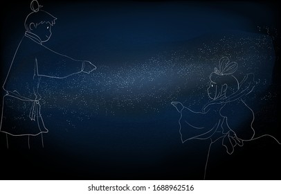 Illustration of Milky Way and Orihime and Hikoboshi of Tanabata