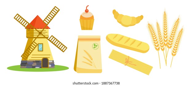 Illustration mill collection of elements wheat spikelets and grain products.