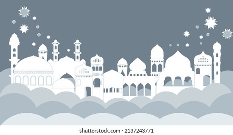 
Illustration von Minaretten und Moscheen auf schiefgrauem Himmelshintergrund und Wolken. Mit Sternen dekoriert. Für Banner gibt es Platz für Text.