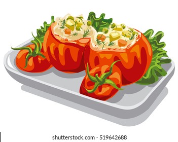 illustration of minced tomatoes with salad on plate