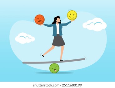 An illustration of mindful calm businesswoman using her hand to balance smile and sad face. Business optimistic concept