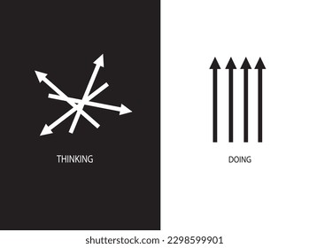 Illustration of mindset. Thinking versus doing vector. 