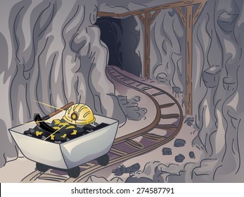 Illustration of a Mine Tunnel with Clumps of Coal Scattered all Around