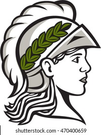 Illustration of Minerva or Menrva, the Roman goddess of wisdom and sponsor of arts, trade, and strategy wearing helment and laurel crown head viewed from side set on isolated white background. 