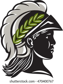 Illustration of Minerva or Menrva, the Roman goddess of wisdom and sponsor of arts, trade, and strategy wearing helmet and laurel crown head in a silhouette viewed from side on isolated background. 