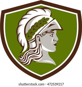 Illustration of Minerva or Menrva, the Roman goddess of wisdom and sponsor of arts, trade, and strategy wearing helment and laurel crown viewed from side set inside shield crest done in retro style. 
