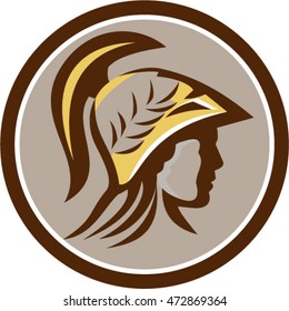 Illustration of Minerva or Menrva, the Roman goddess of wisdom and sponsor of arts, trade, and strategy head wearing helmet with laurel crown viewed from side set inside circle done in retro style. 