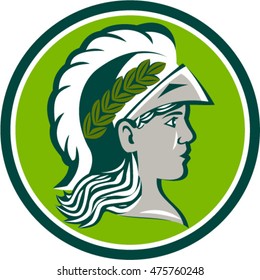 Illustration of Minerva or Menrva, the Roman goddess of wisdom and sponsor of arts, trade, and strategy wearing helmet and laurel crown viewed from side set inside circle on done in retro style. 