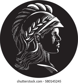 Illustration of Minerva or Menrva, the Roman goddess of wisdom and sponsor of arts, trade, and strategy wearing helmet and laurel crown viewed from side set inside oval shape in retro woodcut style. 