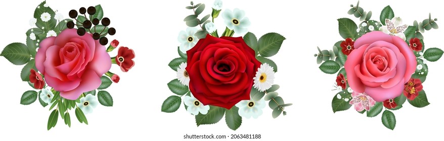 Illustration of mini bouquets of roses, primroses, daisy, gypsophila, alstroemeria flowers and eucalyptus