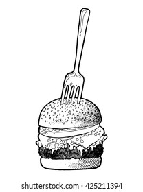 illustration of a mini burger with a fork. Hand drawn food illustration. 