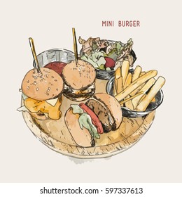 illustration of a mini burger with salad and french fries , Hand drawn sketch wayrt color vector.