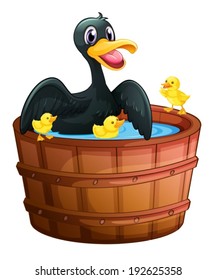 Illustration of a mini pool with a duck and her ducklings on a white background